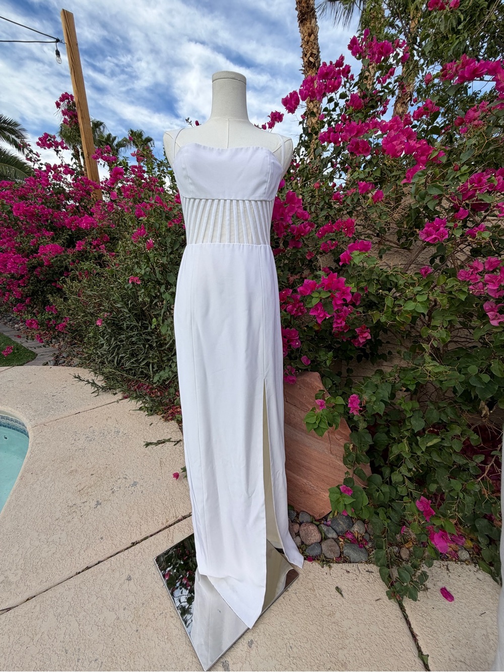 Vintage Cache White Maxi Dress with Sheer Waist Panel
